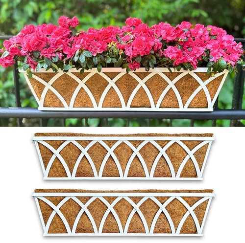 LaLaGreen - Macetero de pared (30 pulgadas, 2 unidades) de metal blanco rectangular para colgar flores con forro de coco, cesta de flores, soporte para plantas, barandilla de terraza, patio, caballo,