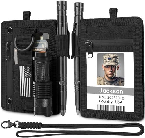 LIUGX Porte-carte d'identité tactique, nylon 900D, porte-badge auto-agrippant, poche zippée étanche, cordon tour de cou, porte-clés et organisateur de cartes de crédit, blocage RFID