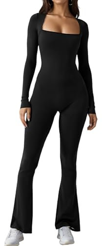 Merlvida Sport Jumpsuits für Damen Eng Langarm Jumpsuit Nahtloser Overall Elastischer Bodysuit Figurformender Einteiler Sexy One Piece Bodycon Outfit für Yoga Fitness Gym
