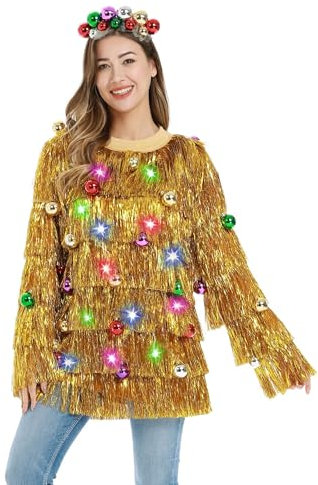 U LOOK UGLY TODAY Hässlicher LED Weihnachtspullover Damen Lustiger Chunky Gestrickter Leuchtend Festlicher Flitterquaste Pullover Strickjacken Pullover für Party L/XL
