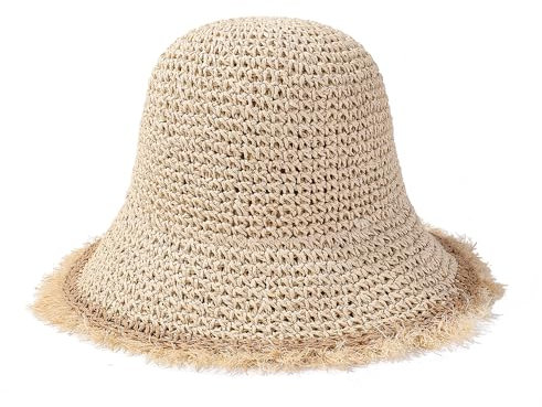 Chapeaux de paille d'été pour femmes - Chapeaux de soleil souples 2024 - Chapeau cloche au crochet - Beige, beige, Taille unique