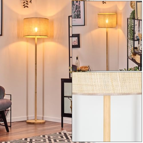HOFSTEIN Stehleuchte Sabadim, Stehlampe mit Holzfuß im skandinavischen Design, Boho-Style mit Schirm aus Papiergeflecht, Ø 40 cm, E27, Höhe 179 cm, Fußschalter - Wohnzimmer, Schlafzimmer, Esszimmer