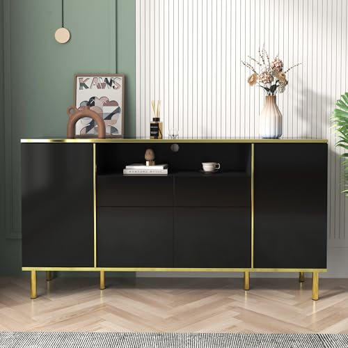 Moimhear Sideboard,Hochglänzendes schwarzes Schubladen kommode mit 2 Schubladen Kommode Schlafzimmer Schubladenschrank, Hochglänzendes schwarzes Sideboard