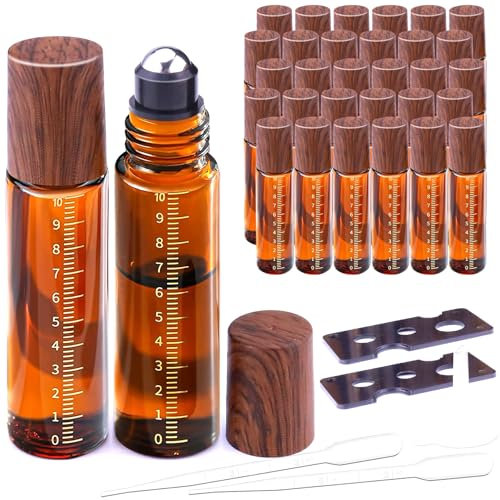 Matifaner 30pcs Essential Oil Roller Bottles, Amber Glass Roller Balls for Essential Oils, 10ml Empty Rollerball Bottles for Travel Refillable Roll on Perfume