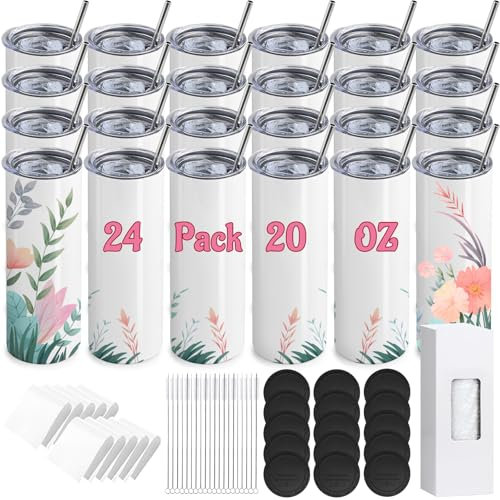 ASMIZ 24 Pack 20 oz Sublimation Tumblers Bulk, Stainless Steel Straight Skinny Tumbler, White Double Walled Vacuum Insulated Mug with Metal Straws, Individually Boxed