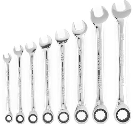 RYOBI SAE Ratschenringschlüssel-Set, 72-Zahn-Ratsche, verchromt, 8-teilig