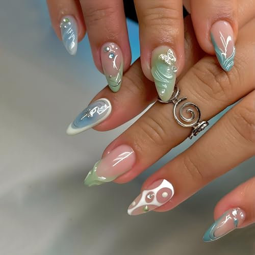 Green French Tip False Nails Medium Almond, SXVME 3D Handmade Press on Nails with Charm Star Design Full Cover Y2k Acrylic Fake Nails Press ons Cute Stick on Nails for Women 24 Pcs