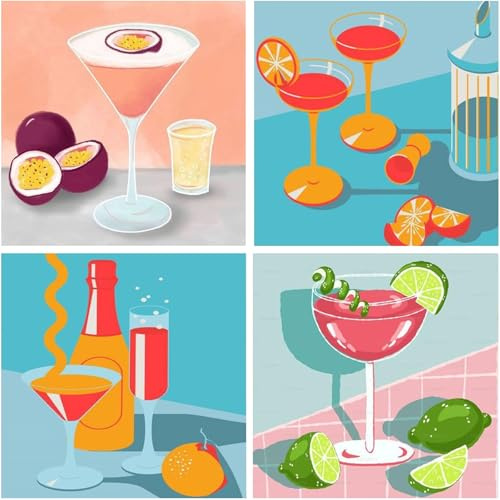 SASMOIYUG 4 Stück Malen nach Zahlen Erwachsene Cocktail-Gläser Paint by Numbers Adult Mit 3 - Pinseln und Acrylfarbe knitterfreie leinwand Kit DIY Handgemalt Ölgemälde Kit 20 X 20 CM Ohne Rahmen (B)