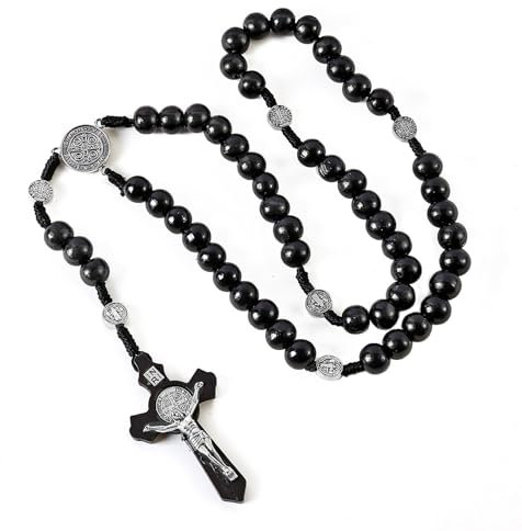 Hifot Chapelet Collier Croix Chretienne Homme Femme Noir Collier Chapelet Catholique Médaille Crucifix en Bois Rosaire de Prière, Saint Benoît Communion Religieuse, Baptême, Messe, Bible