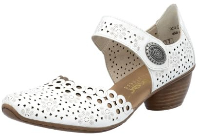 Rieker 43753 Mirjam Women's Mary Jane Heels - Low-Heel Leather Shoes with Adjustable Ankle Strap & Laser-Cut Design - Comfortable Women’s Heels for Casual & Dressy Wear, White, 8.5-9