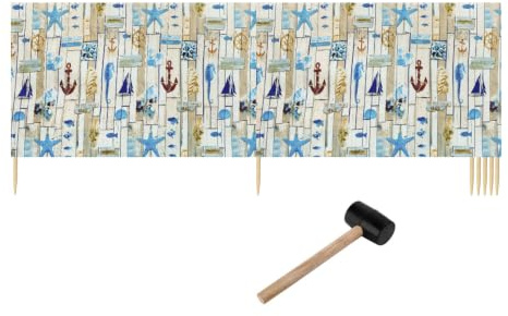 Ladeheid Windschutz Strand Strandzubehör Sichtschutz Holzstäbe LAEX001 | Mit Gummihammer, Strand Sichtschutz für Camping, Windfang im Sand, maritimes Muster, praktisches Strandzubehör mit Holzstäben