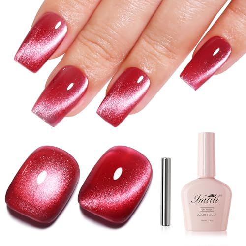 Imtiti Rot Katzenauge UV Gel Nagellack mit Magnet, 10ML Holografischer Glitzer Schimmer Magnet Cat Eye UV Gel Lack für Nageldesign
