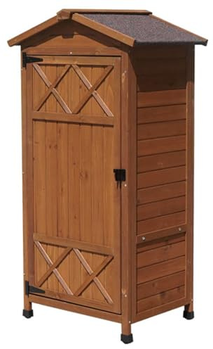 Garten-Werkzeug-Organizer aus Holz mit abschließbarer Tür, wasserdichtem Dach und abnehmbaren Regalen für die Aufbewahrung von Outdoor-Ausrüstung