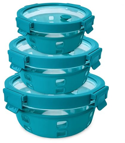 Lot de 3 boîtes de conservation rondes en verre borosilicate (400/650/950 ml) avec couvercle et valve à vapeur, anti-fuite, sans BPA, passent au micro-ondes, au four, au congélateur et au