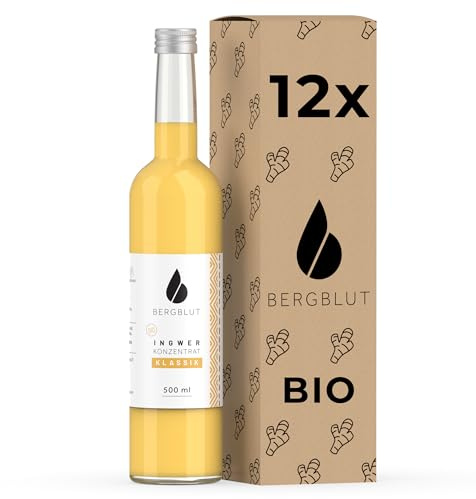 Bergblut – 12x 500 ml Bio Ingwer Konzentrat ohne Stücke | mit Bio Zitronen & Limettensaft | Geeignet als scharfe Würze, Limonade & Ingwer Shot | Vegan & ohne Zucker oder Zusätze