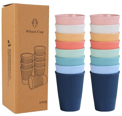16 Stück Trinkbecher Set, Tasse mit Griff Bruchfeste, Unbreakable Wiederverwendbare Trinkbecher für Kinder und Erwachsene, Bunte Plastik Becher für Kaffee Tee BPA-Frei