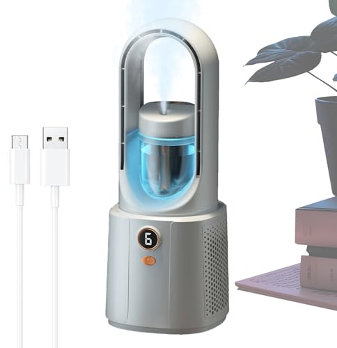 Qfdiwr Bladeless Fan - Small Bladeless Cooling Fan for Office - Rechargeable Silent Cooler with Hygrometer Mood Lighting for Home Kitchen