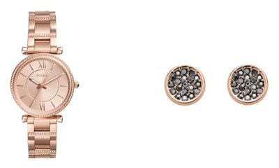 FOSSIL Damen Carlie Roségoldfarbene Edelstahl Uhr und Messing Ohrringe, Set
