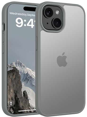 Andwing Matt Hülle für iPhone 15 6,1 Zoll Grau | Militärstandard FallSchutz Handyhülle,Mattierte Durchscheinende Rückseite Schutzhülle,Anti-Fingerabdruck Kratzfest Haltbar