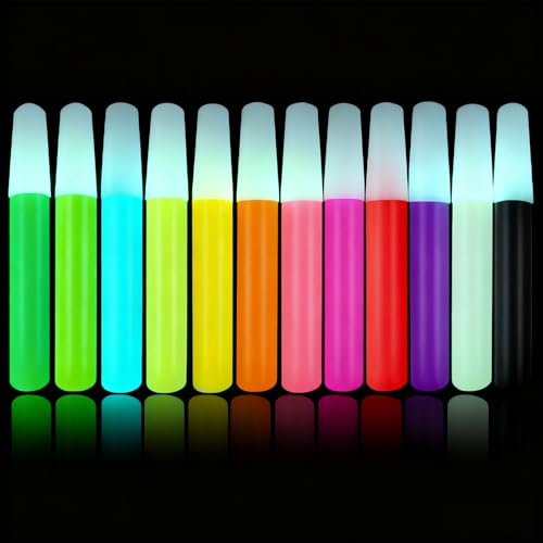 Nurila 12 Farben Fluoreszierende Farbe, Glow in the dark Farbe, Leuchtfarbe, Leuchtfarben Nachtleuchtend, Acrylfarben Neon für DIY-Kreationen, Weihnachten, Halloween, Steine, Glasflaschen, je 6ml