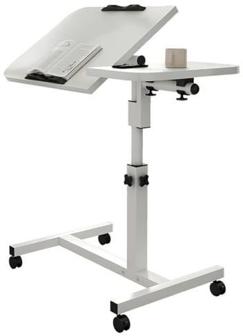 Creperture Beistelltisch mit Rollen, Computertisch 65-95cm Höhen und Neigungsverstellbar Laptoptisch, 60x40cm Mobiles Stehpult Überbett-Tisch für Krankenbett, Pflegebett,Weiß