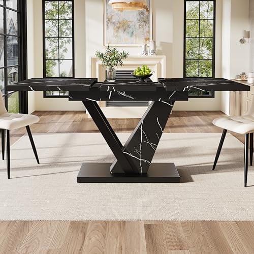 Kelodan Mesa de comedor (120-160 x 75 cm), telescópica, mesa de cocina, mesa extensible, para cocina y salón, con diseño de mármol negro