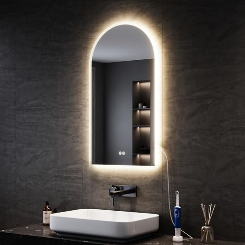 SONNI Badezimmerspiegel mit Beleuchtung Bogen 80x40 cm, LED Badspiegel mit Steckdose + Touch-Bedienung + Anti-Beschlag + 3 Farben, Dimmbar & Stromausfallgedächtnis