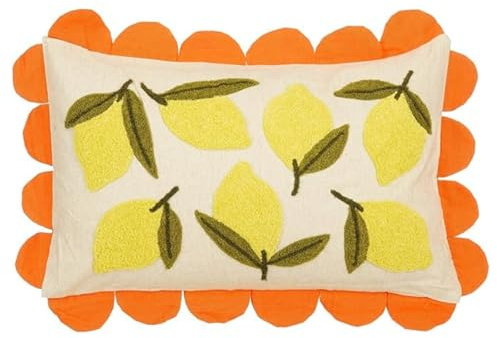 MICA Decorations Deko Kissen Zitronen – Zierkissen mit Kissenbezug – 65 x 45 cm – Wohnzimmer Kissen Deko – Sofakissen mit Innenkissen aus Baumwolle – Offwhite, Gelb, Orange