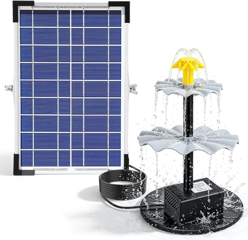 Fontana Solare, con Batteria 1500mAh e 9 Ugelli, Pompa Solare per Fontana 250L/h Altezza Getto 90cm, Pannello 10W, Kit Solare per Laghetto da Giardino, Piscina, Acquario, Bagno Uccelli, Uccelliere