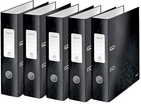 Leitz Qualitäts-Ordner 180°, 5er Pack, A4, 8 cm Rückenbreite, laminierte Graupappe, Schwarz, WOW Serie, Design kann variieren, 10054095