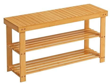 SONGMICS Bambus Schuhregal, Schuhschrank mit Sitzbank, Schuhbank mit 3 Ablagen 90 x 28 x 45 cm ideal für Wohnzimmer, Flur, Bad, Diele, LBS90N