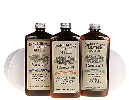 Chamberlain‘s Leather Milk - Nr. 1-3 - Set aus Lederreiniger, Conditioner & Imprägniermittel - Naturbasis/ungiftig - 3 Auftragepads 2 Größen - 0.35 L