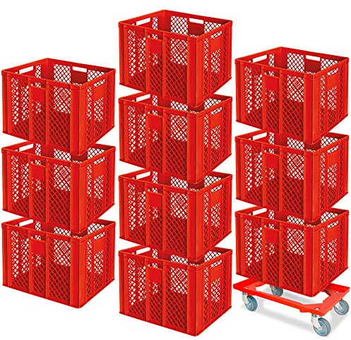 BRB 10er Spar-Set Euro-Stapelbehälter Plus Transportroller, 600x400x410 mm Industriequalität lebensmittelecht rot