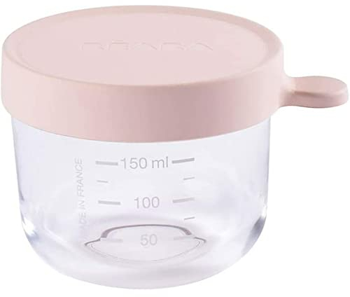 BÉABA, Portion Conservation Repas Bébé/Verre Extra Résistant, Made in France, 100% Hermétique, Résiste à la chaleur et Choc thermique, Congélation, Stérilisation, Graduation, 150 ml, Pink