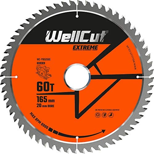 WellCut TCT - Hoja de sierra circular, amoladora angular, 165 mm x 60 T x 20 mm, orificio adecuado para DewaltDWS520, GKT55, cable/inalámbrico