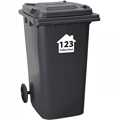 Pack of 4 Wheelie Bin Numbers Wheelie Bin Stickers House Numbers For Bins Personalised Street Name House Shape Vinyl Peel and Stick