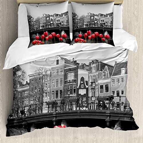 ABAKUHAUS Amsterdam Bettwäsche Set für Doppelbetten, Amsterdam-Kanal, Weicher Microfaserstoff Allegigeignet kein Verblassen, Schwarz Weiß und Rot