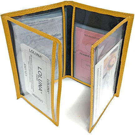 LOLUNA® Etui Carte Grise Cuir, permis Conduire Voiture, identité et Assurance - 4 Volets - Plusieurs Couleur Homme et Femme (Jaune-Orange)