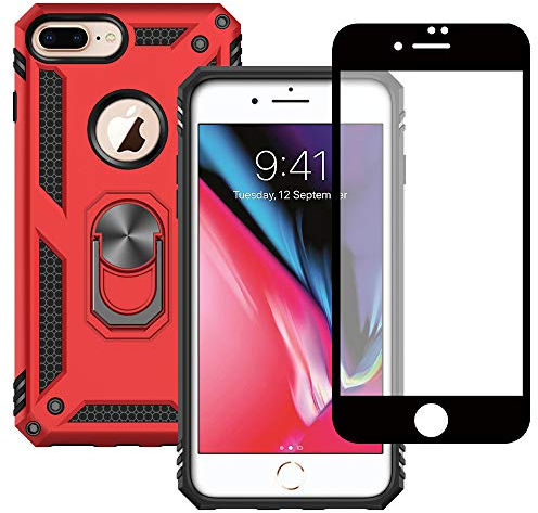 Yiakeng iPhone 8 Plus Hülle, iPhone 7 Plus Hülle mit Schutzfolie, Stoßfest Schutzhülle Mit Ring Standfunktion Case Cover für iPhone 8 Plus/7 Plus (Rot)