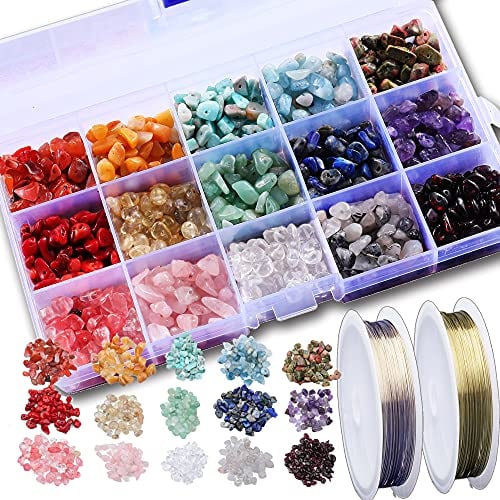 SOSMAR 1 Box/15 Farben naturform Edelsteine Perlen Halbedelsteine mit loch zum Schmuck Basteln Auffädeln DIY Ohrringe Armbänder Ketten, mit 2 Rolle Kupferdraht 0.5mm