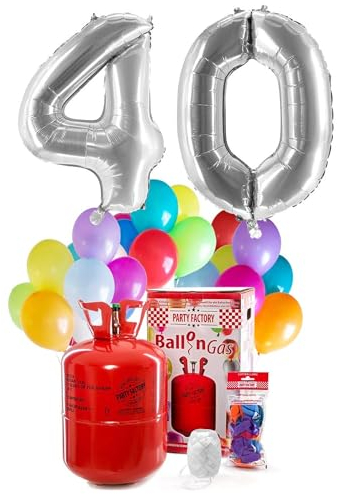 Party Factory – Helium Gasflasche 400L Komplett Set mit XXL Zahlenballon 40 Silber – Partydeko Ballongas Flasche mit Folienballon, 30 Latexballons & 40m Ballonschnur – Für Geburtstage & Feiern