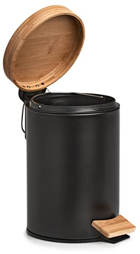 Zeller Present 18910 Kosmetikeimer, 3 ltr., Metall/Bambus, schwarz, Soft-Close, Circa 16,8x24 cm