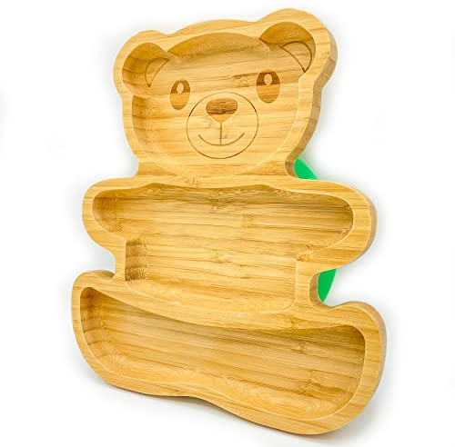 Eco Health Teddy-Saugnapf für Babys, aus natürlichem Bio-Bambus mit starkem, abnehmbarem Silikonboden, BPA-freier Babyteller zum Stillen (grün)