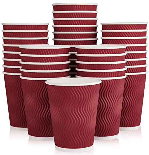 JollyPack 60 Pack 12 oz Paper Coffee Cups, Wine Red Disposable Beverage Cups with Insulated Ripple Wall for Coffee, Tea, and Hot Chocolate