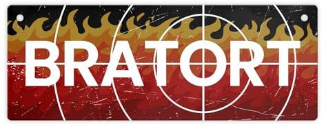 Bratort Metallschild für den Grill Blechschild als lustige Dekoration für den Grill Anspielung auf Kult-Krimireihe um die Liebe zu beidem zu zeigen