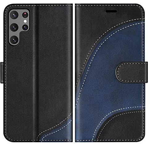 BoxTii Hülle für Galaxy S22 Ultra, PU Leder Handyhülle für Samsung Galaxy S22 Ultra, Ledertasche Klapphülle Schutzhülle mit Kartenfächer und Magnetverschluss, Schwarz