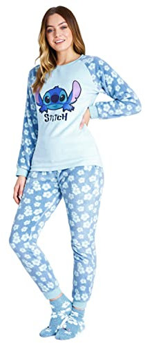 Disney Pigiama Donna Invernale in Pile con Calze Stitch Topolino Minnie Baby Yoda (Blu Stitch, L)