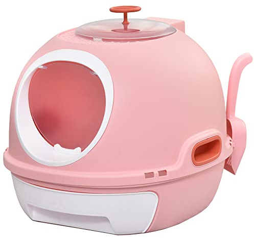 PawHut Caja de Arena para Gatos Arenero Cubierto con Cajón Arenero Cerrado para Gatos con Claraboya Abatible Bandeja Extraíble y Pala 47x55x44 cm Rosa