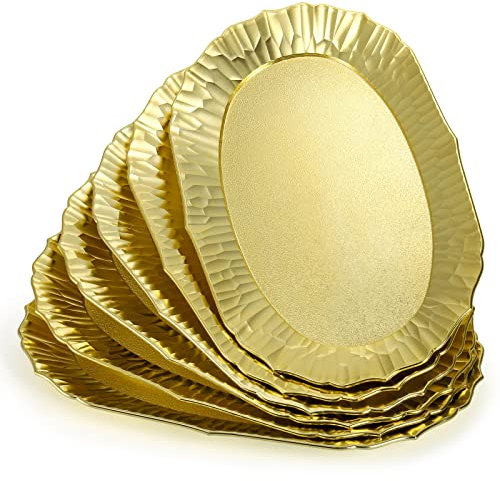 AVLA Gold Serving Platter Set, 6 Pack Plastic Serving Tray, Reusable Party Snack Serving Tray, Decorative Food Appetizer Platters, 14 x 8.5