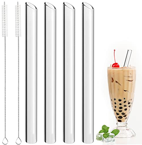 Sheryl&Rain 4 Pièces Paille en Verre Transparente avec 2 Brosses,Bubble Tea en Verre Réutilisables 14mm Large,Grosse Pailles en Verre de 21.5cm pour Bubble Tea pour Bubble Tea Smoothies Cocktails Jus